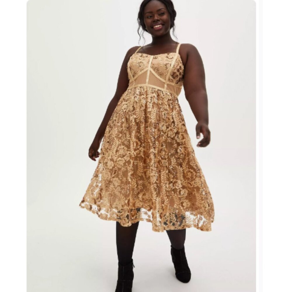 Torrid Gold Mesh Embroidery & Sequin Midi Dress Size 20 - Picture 2 of 4